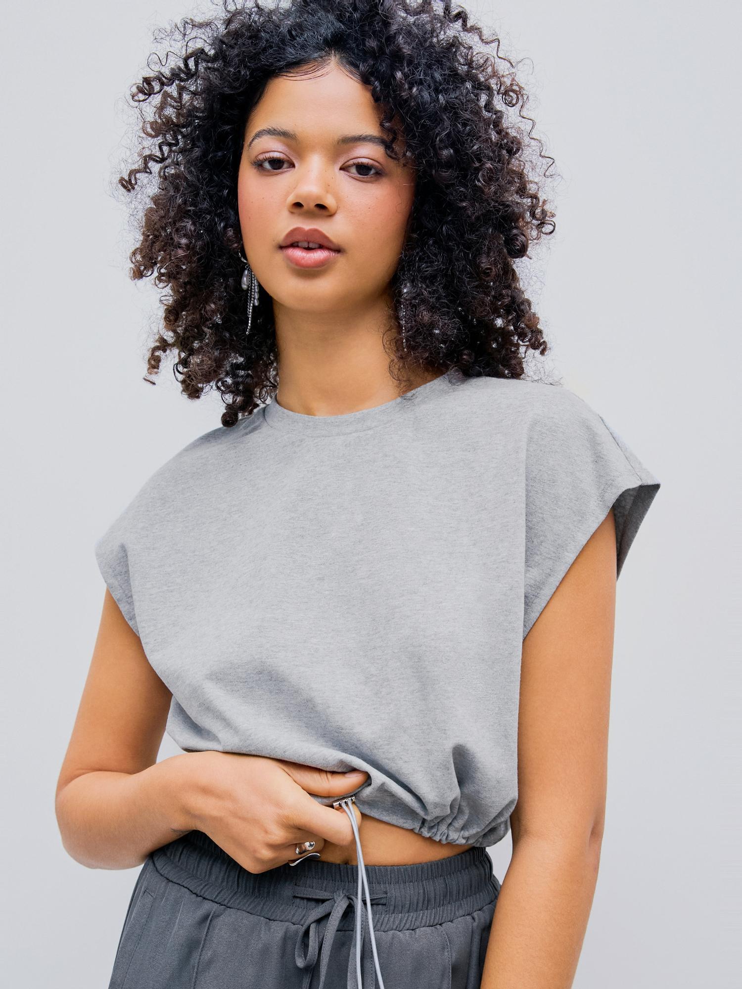 grey round neck solid drawstring short sleeve crop tee