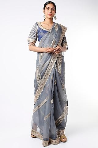 grey saree set with kasab work