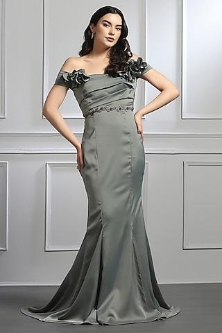 grey satin crystal embellished draped gown