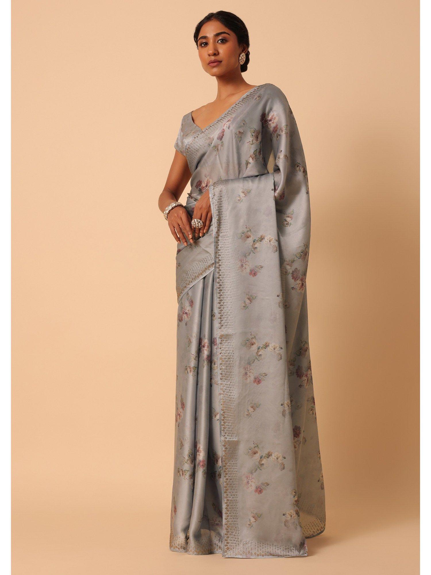 grey satin floral prints pre-draped saree & unstitched blouse
