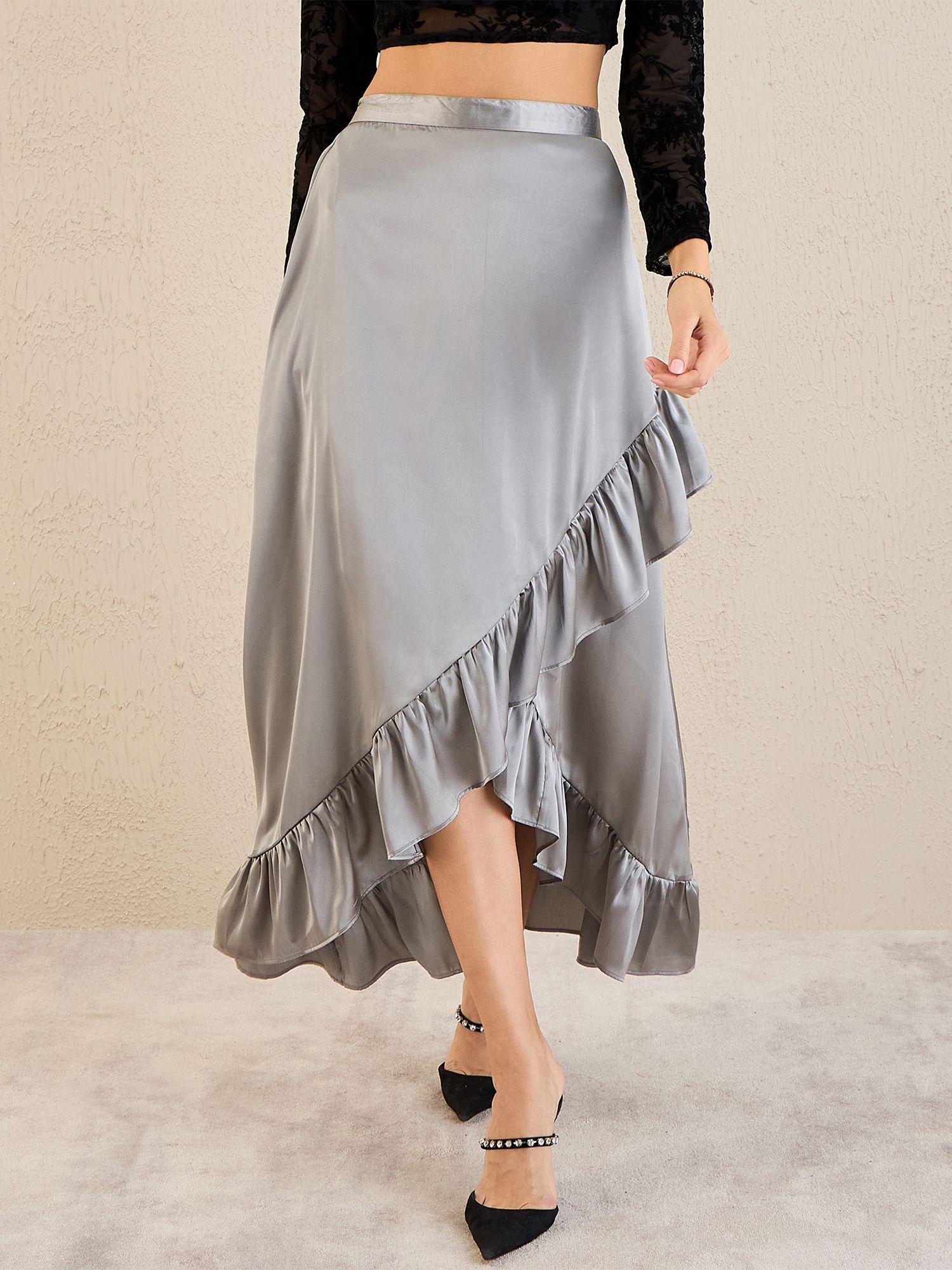 grey satin frill midi skirt