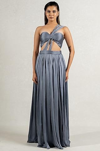 grey satin georgette draped gown