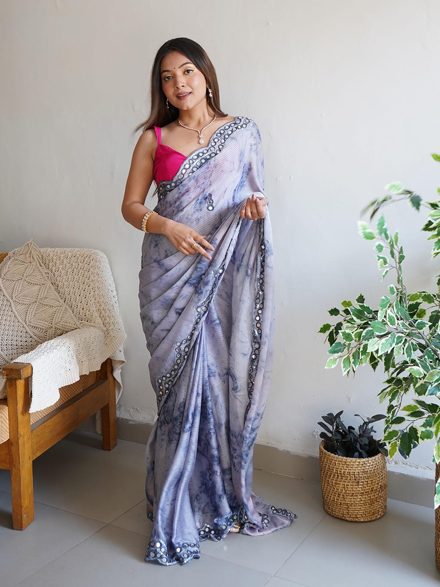 grey satin georgette prism print saree with unstitched blouse