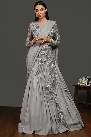 grey satin gown saree