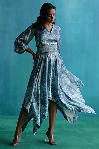 grey satin printed handkerchief dress