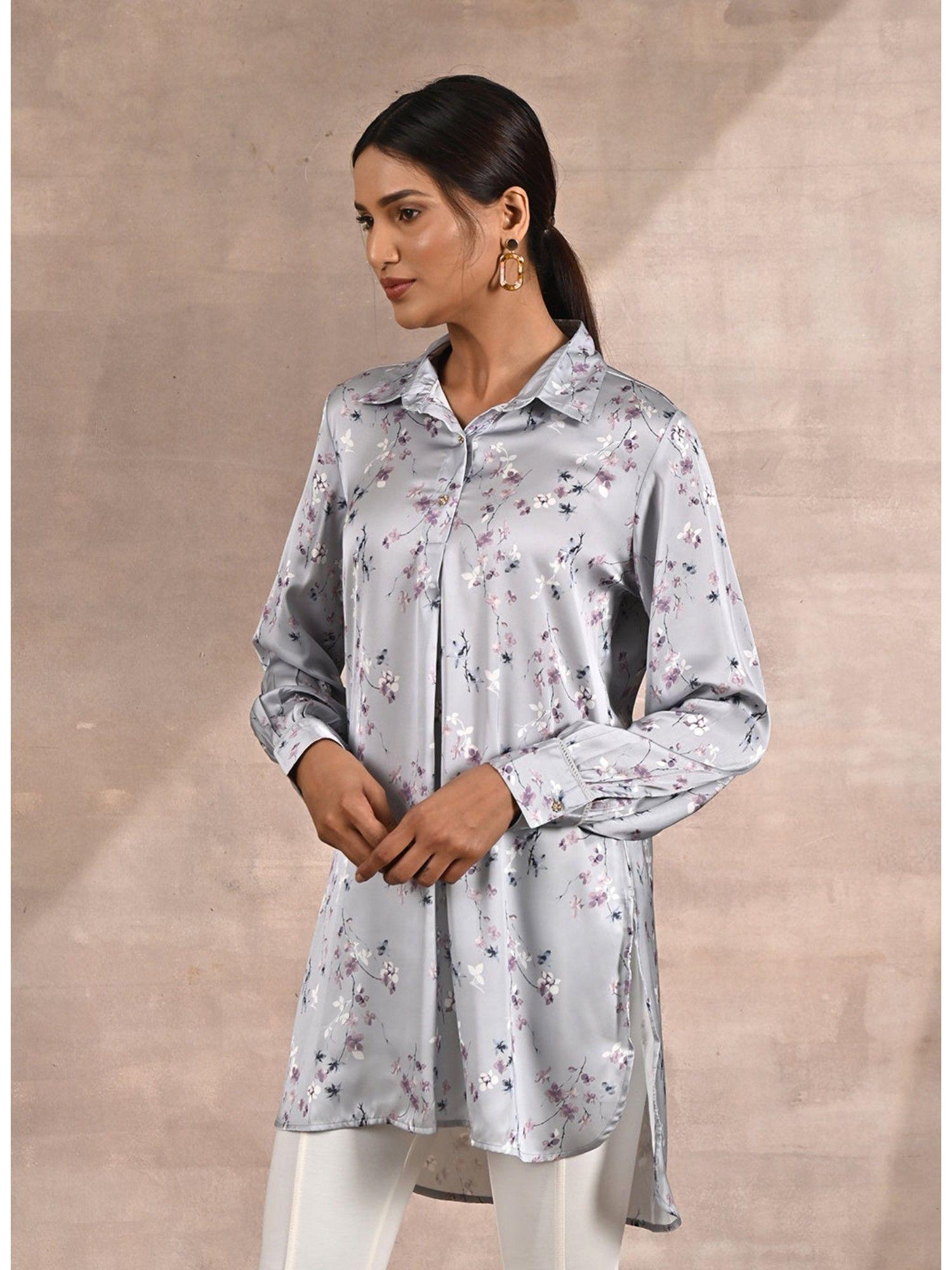 grey satin shirt with floral print & round hem