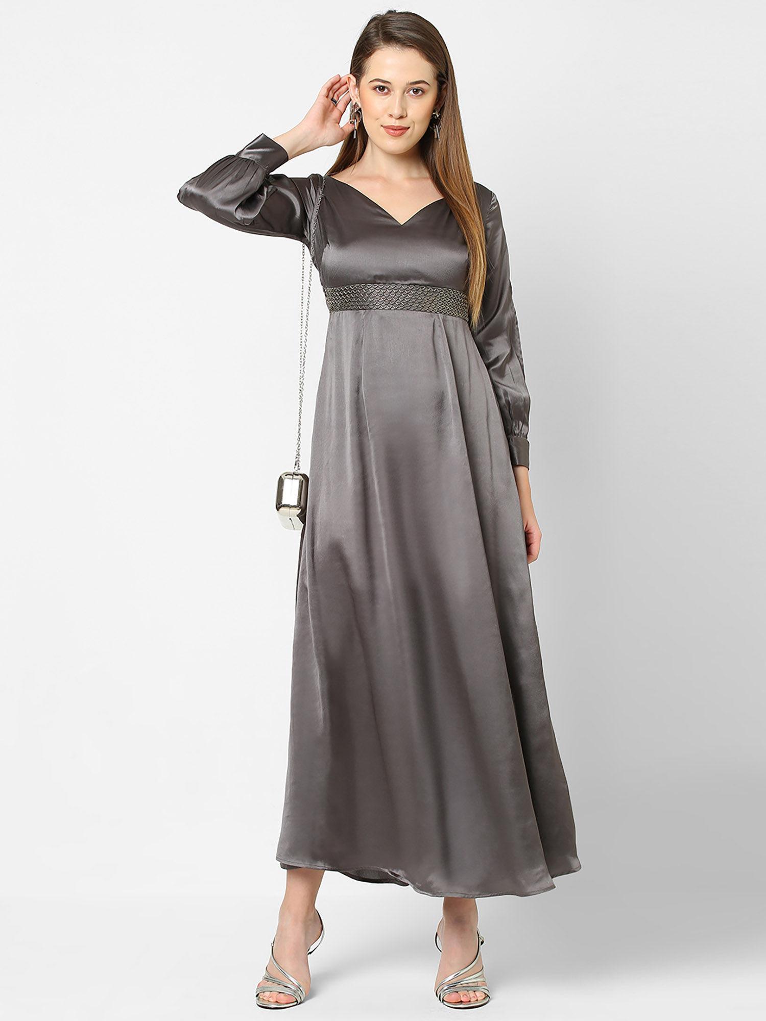 grey satin slit style sleeve maxi dress