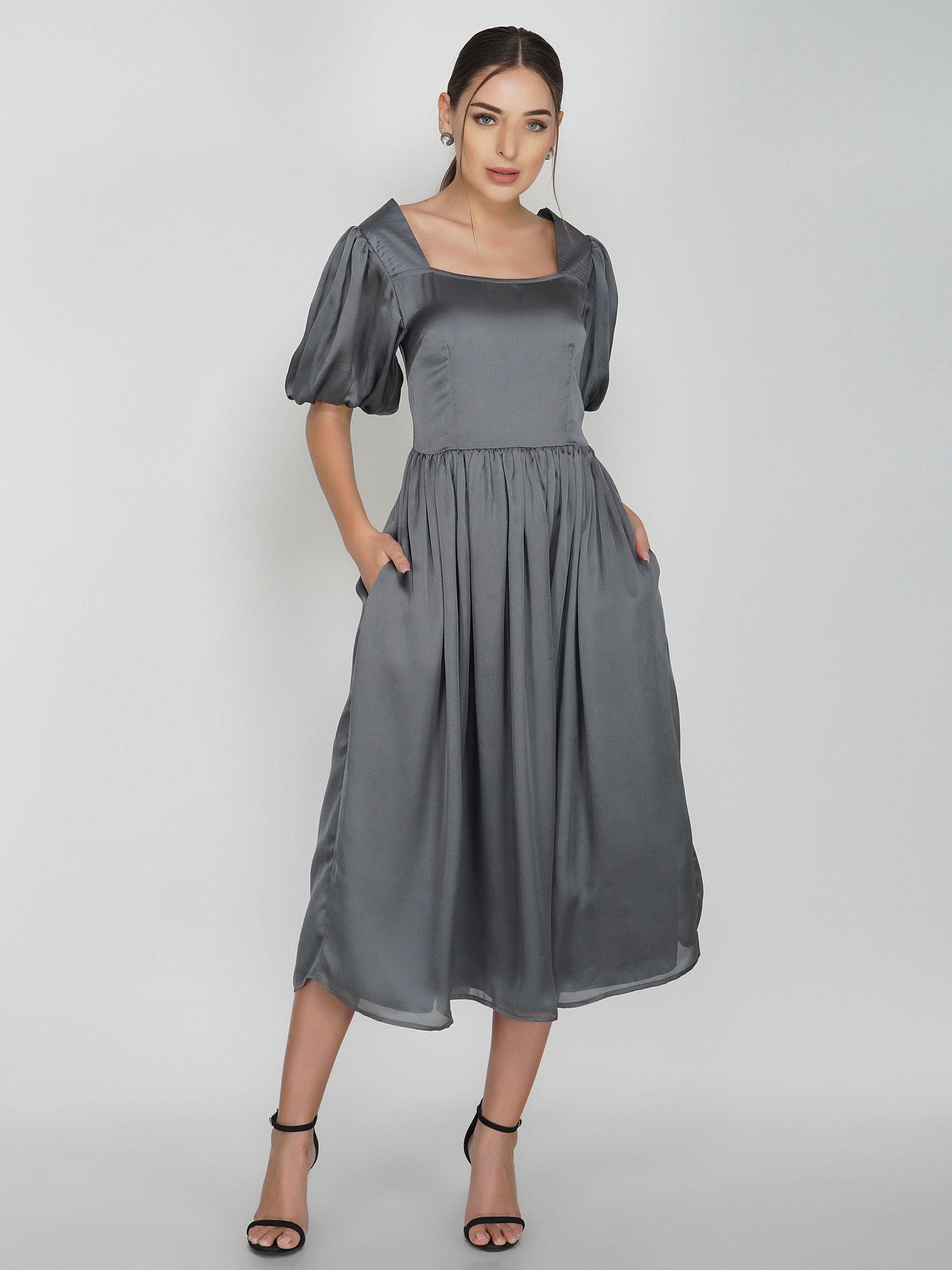 grey satin solid midi dress