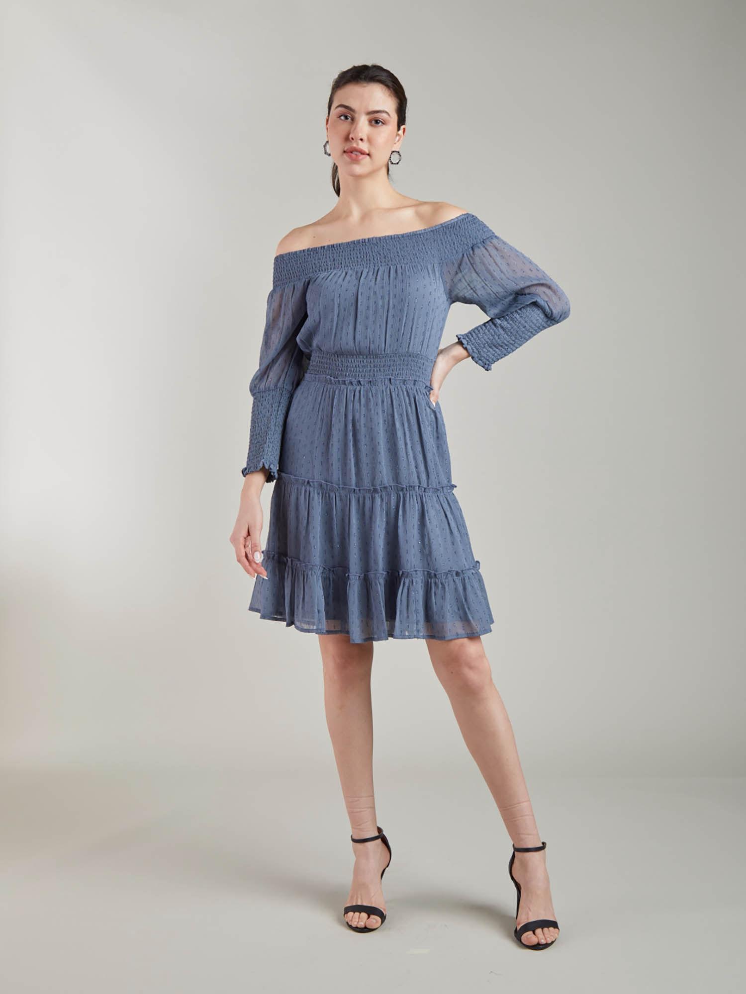 grey self design cinched knee length dress