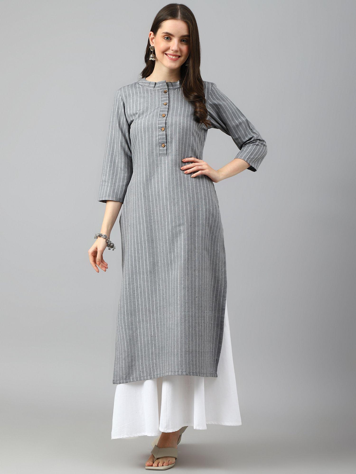 grey self design cotton blend kurti