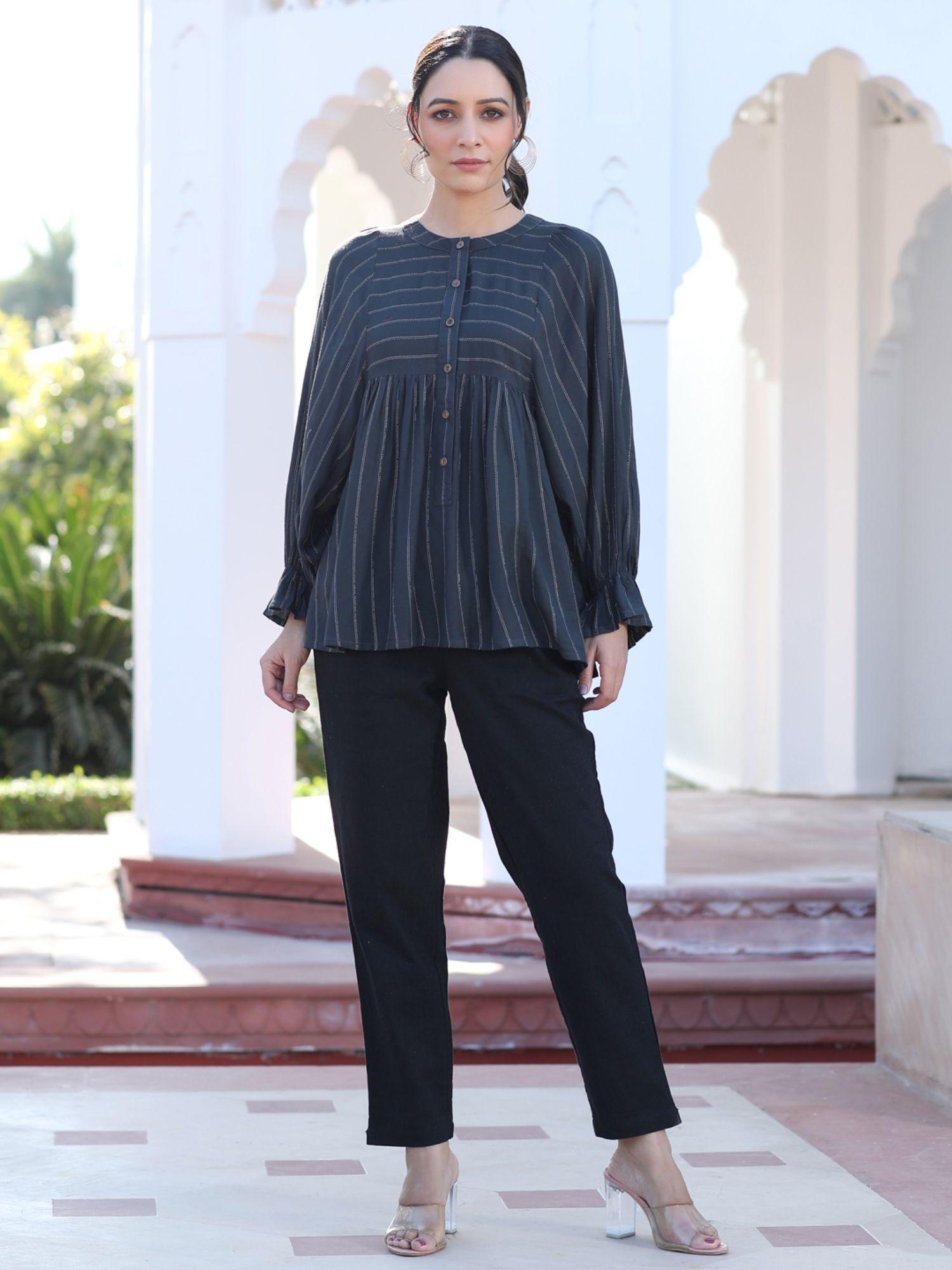 grey self weave lurex gathered top with elasticated gathered sleeves