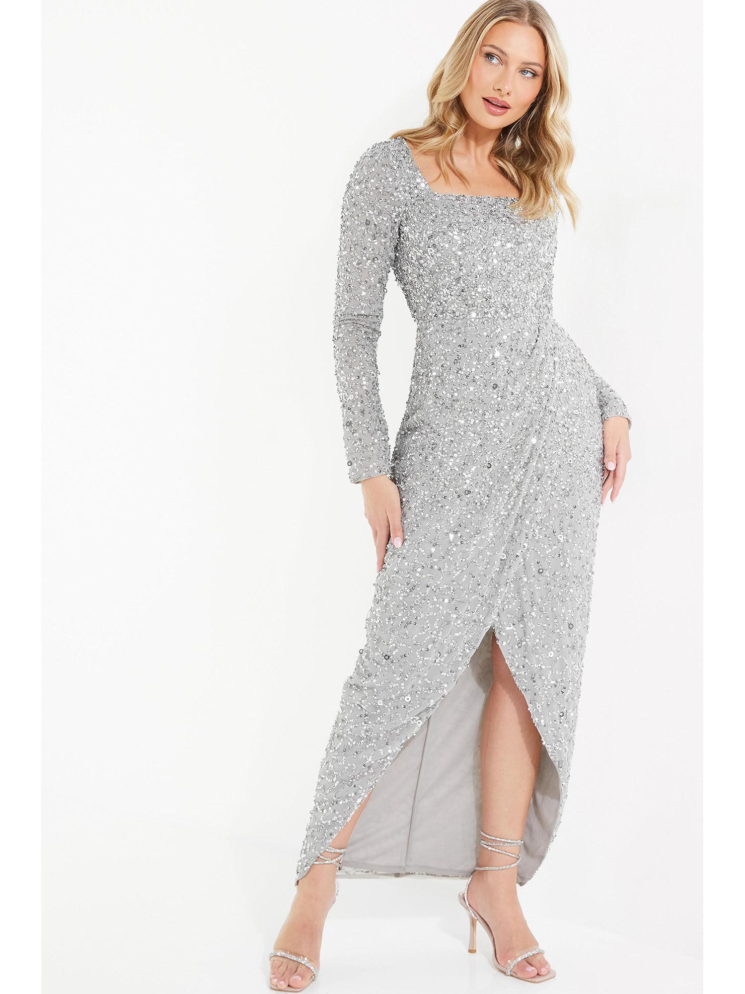 grey sequin midi dress with long sleeves & square neck wrap design