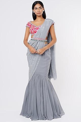 grey sequinned fish skirt saree set