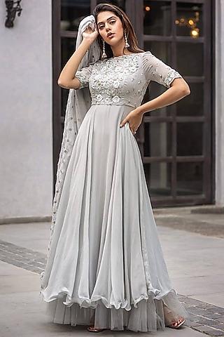 grey sequins embroidered flared gown with dupatta
