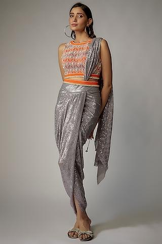 grey sequins skirt saree set