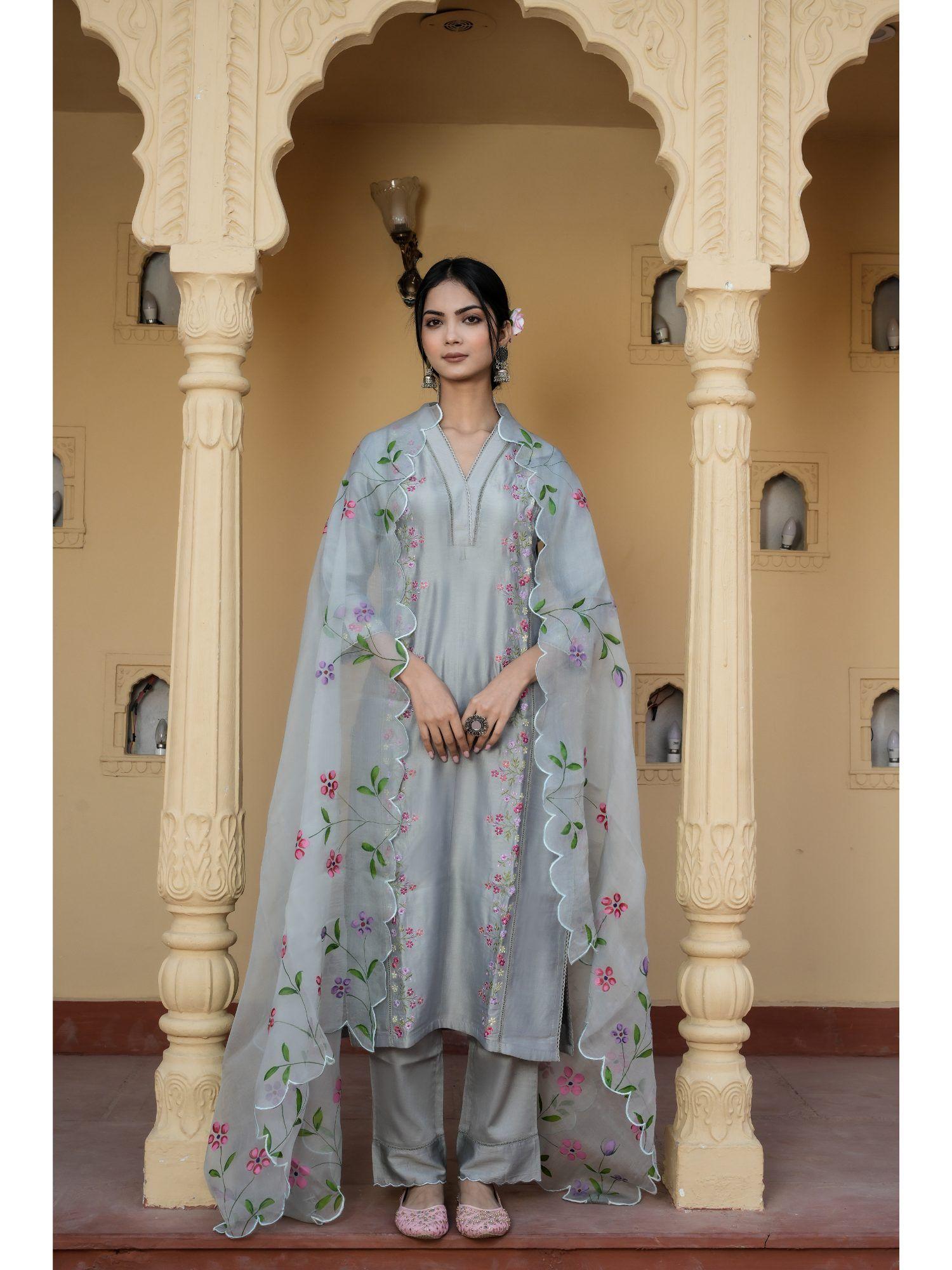 grey serenity embroidered kurta with pant & dupatta (set of 3)