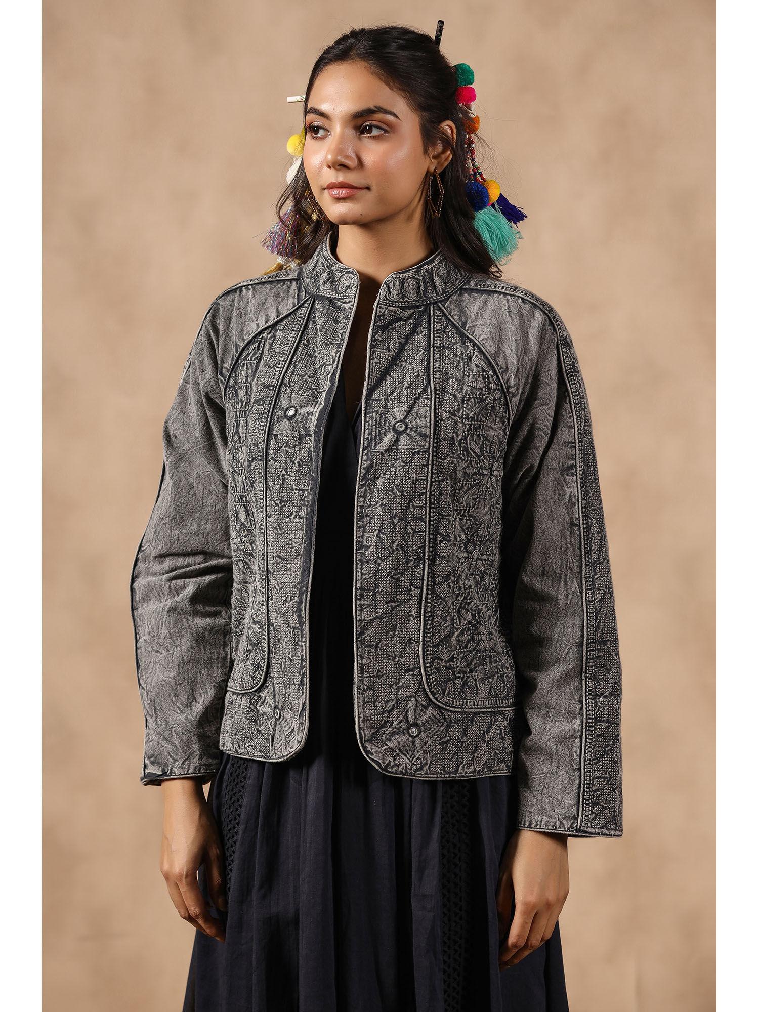 grey sheeting fabric embroidered with mirror work jacket for women