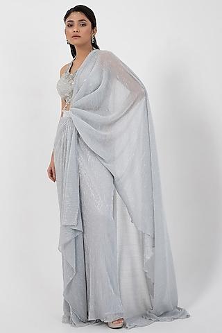 grey shimmer chinon & organza draped saree set