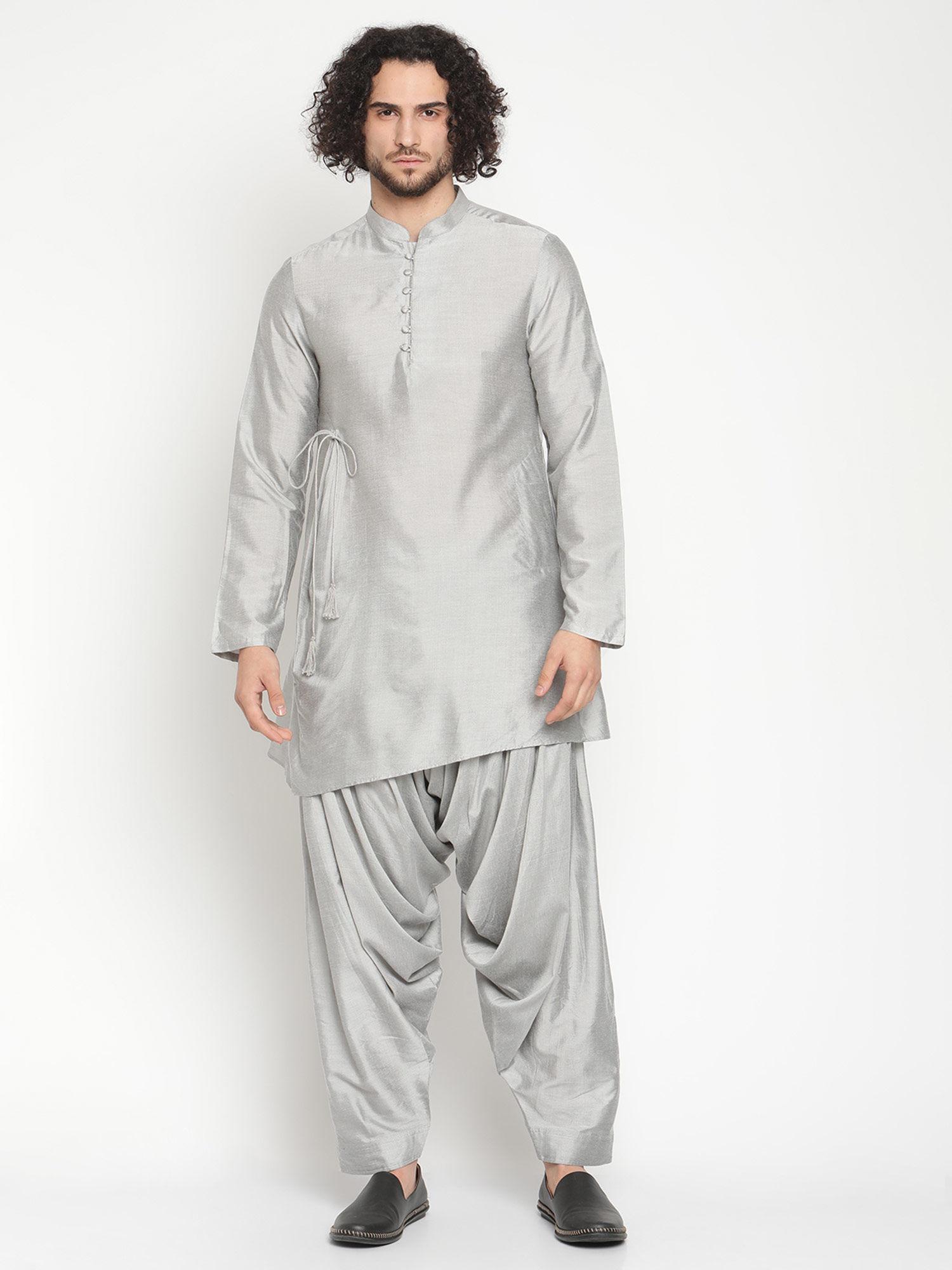 grey short banarasi kurta with side tie-up detail