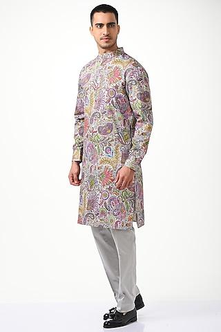 grey silk & cotton printed kurta set