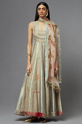 grey silk anarkali set