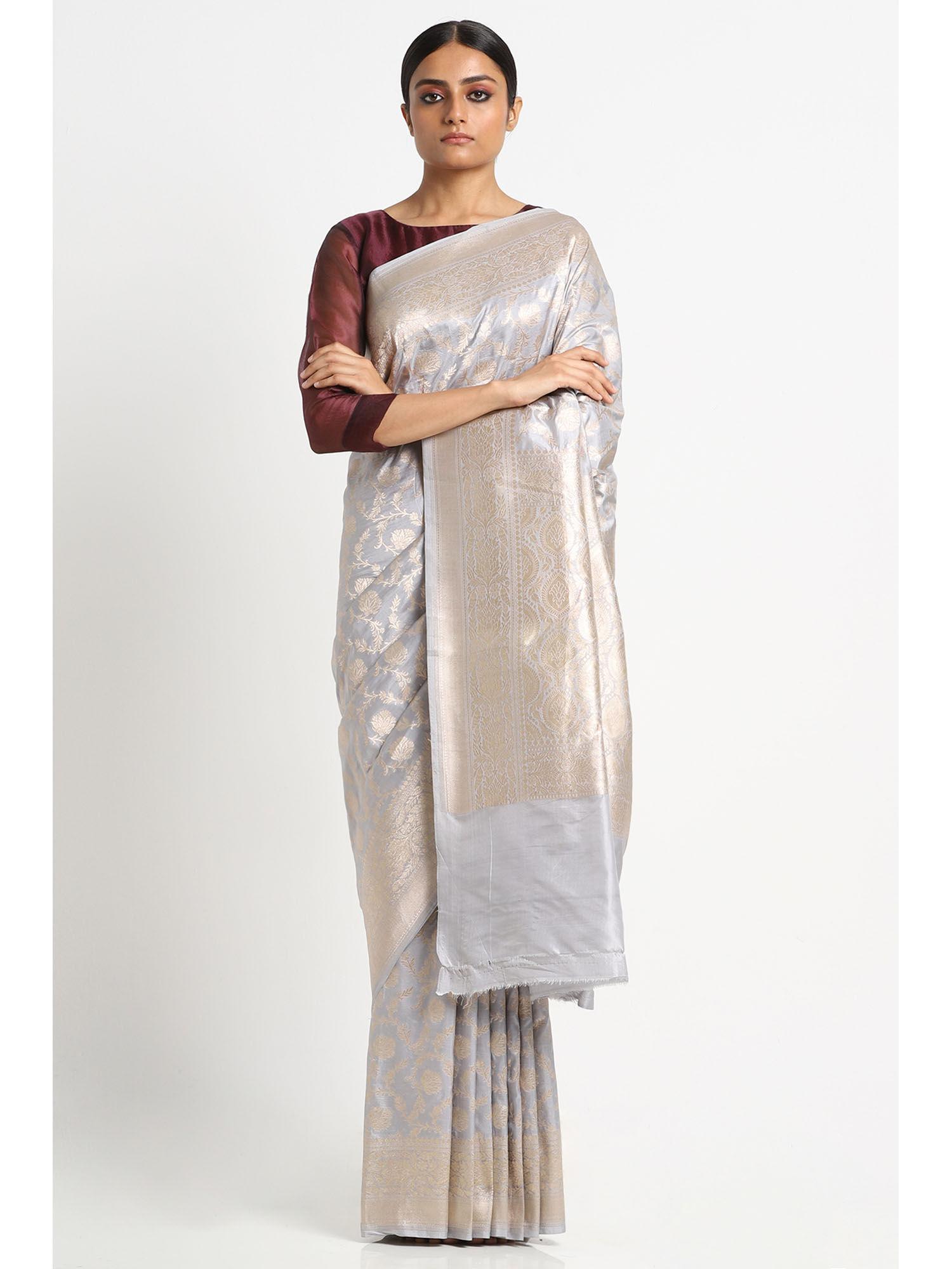 grey silk banarasi saree with unstitched blouse