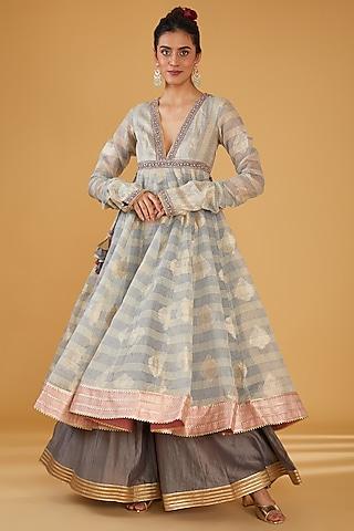 grey silk blend & viscose brocade embroidered anarkali set