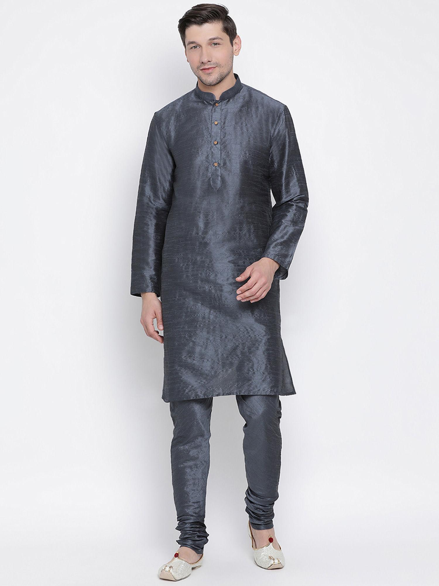 grey silk blend kurta and churidar (set of 2)