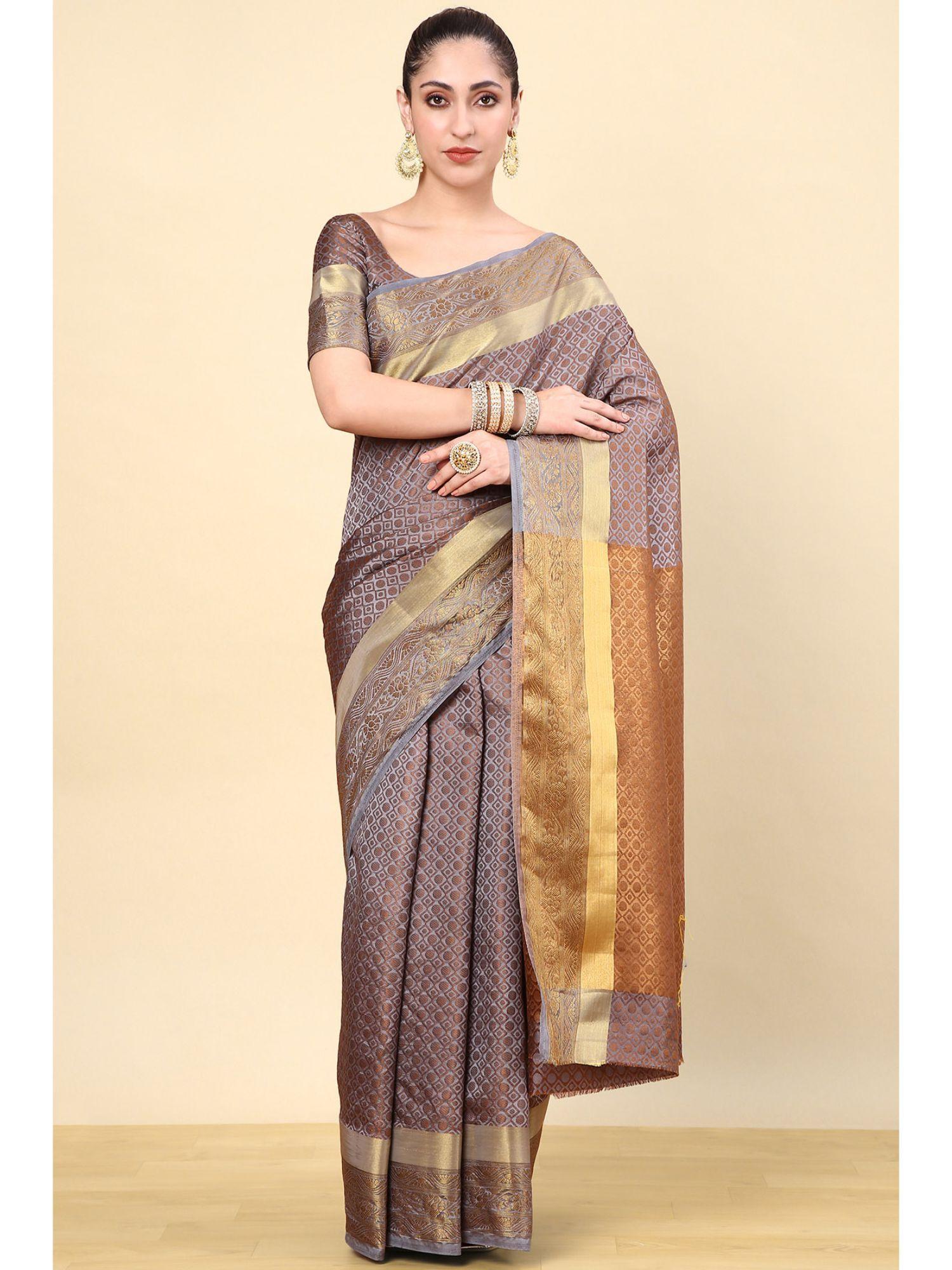 grey silk blend woven saree with unstitched blouse