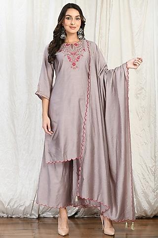 grey silk chanderi embroidered kurta set