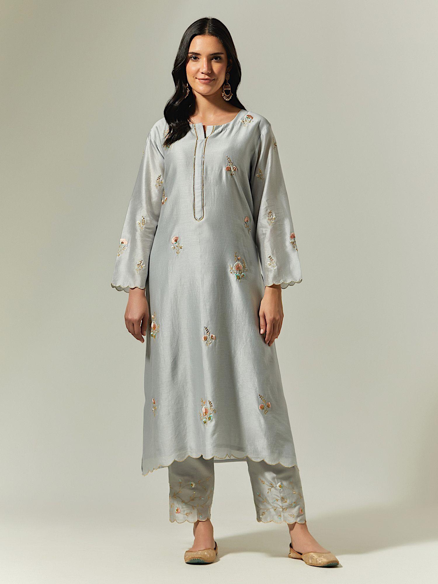 grey silk chanderi hand embroidered kurta with plackett