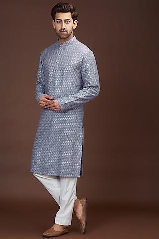 grey silk chikankari embroidered kurta set