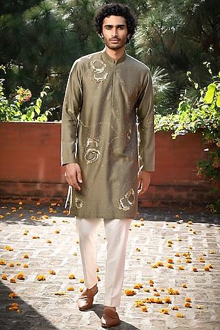 grey silk cutdana & thread embroidered kurta set