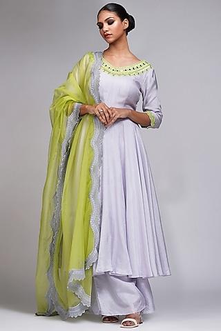 grey silk embroidered anarkali set