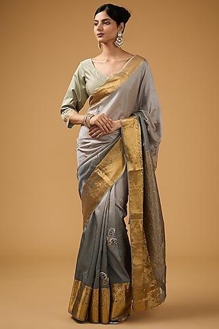 grey silk floral embroidered saree set