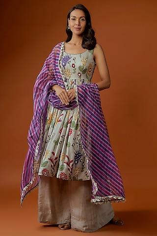 grey silk floral printed & sequins embellished anarkali set