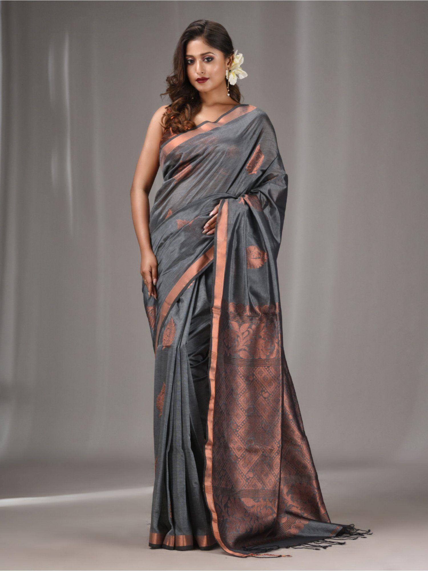 grey silk matka handwoven saree with woven zari border with unstitched blouse