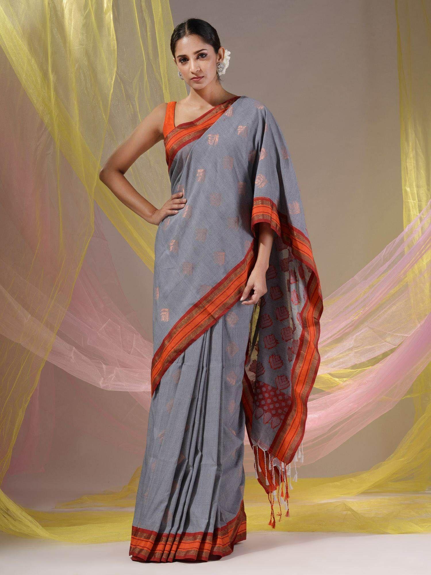 grey silk matka soft handloom woven saree with unstitched blouse