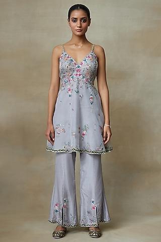 grey silk organza floral hand embroidered kurta set