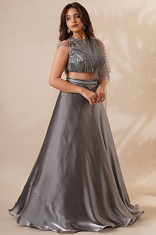 grey silk organza lehenga set