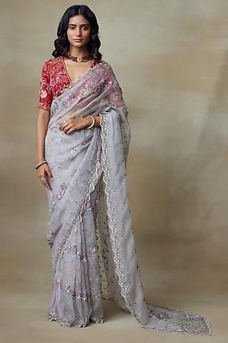 grey silk organza resham floral embroidered saree set