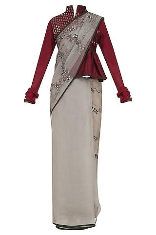 grey silk organza zari & thread work saree set