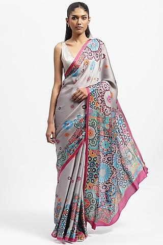 grey silk satin embellished saree