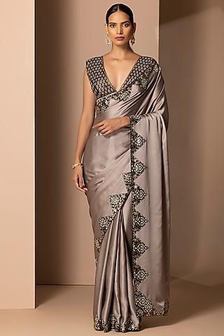 grey silk satin rhinestone embellished saree set