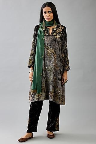 grey silk velvet handblock printed & sequins work kurta set