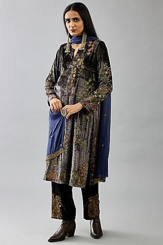 grey silk velvet handblock printed & sequins work kurta set