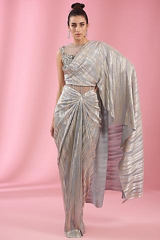 grey-silver italian lycra & silk hand embellished gown saree