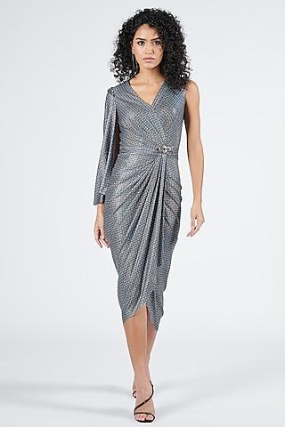 grey silver lurex printed draped dress