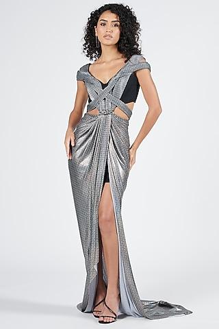 grey silver lurex printed draped saree gown