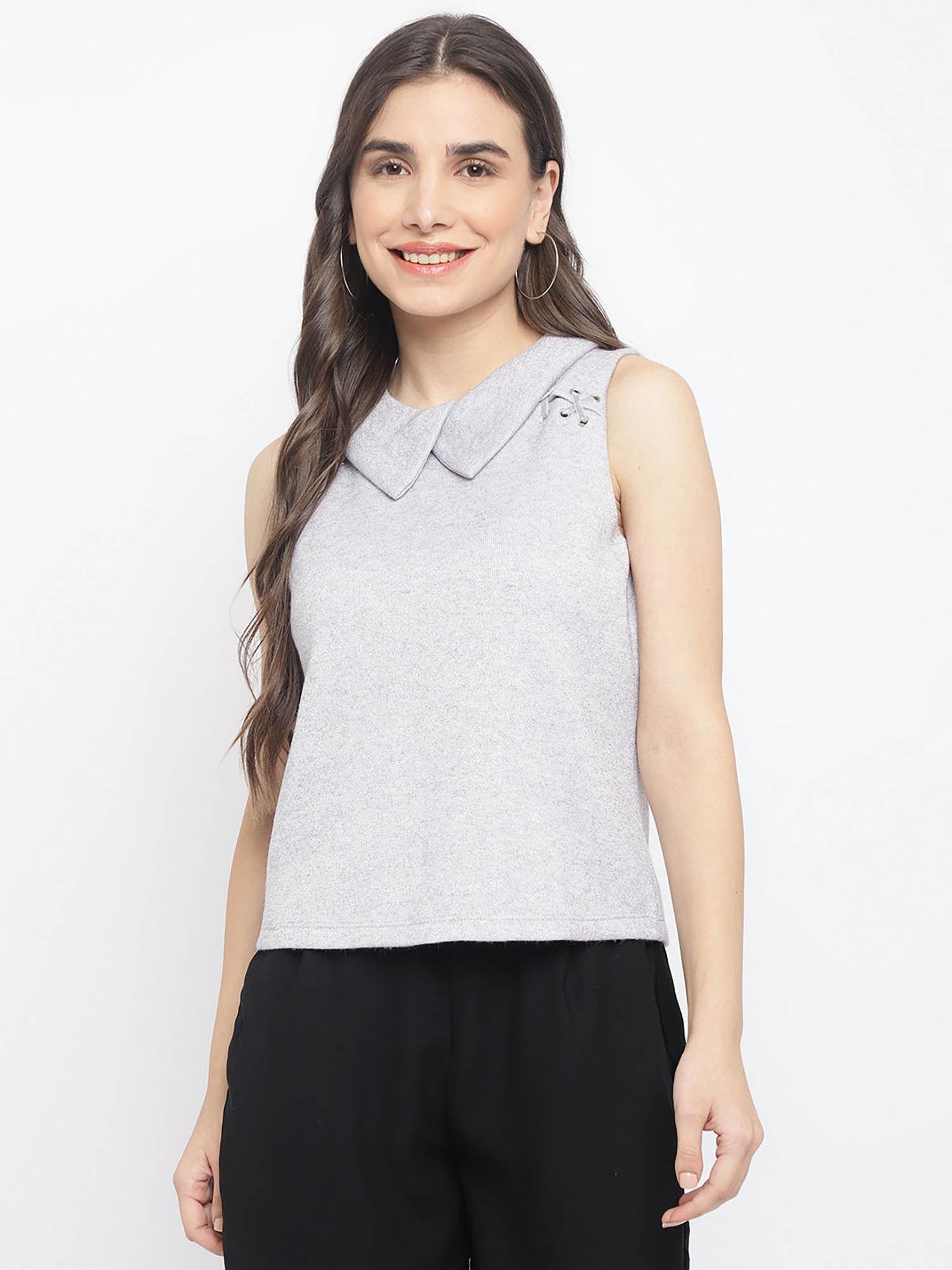 grey sleeveless collar neck fancy top